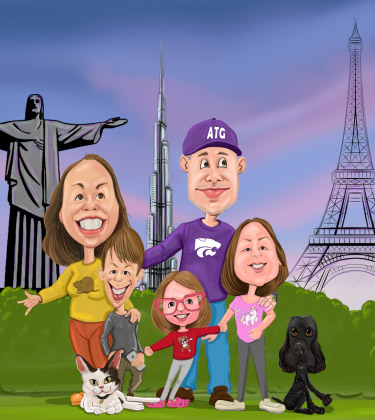 Caricature de voyage en famille personnalisée devant de nombreuses destinations populaires