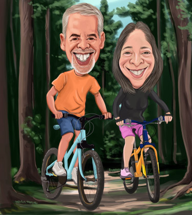 Dessin personnalisé d'un couple de personnes âgées faisant du vélo dans les bois