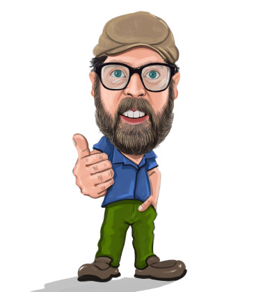 Caricature d'un geek barbu avec son pouce levé et un chapeau
