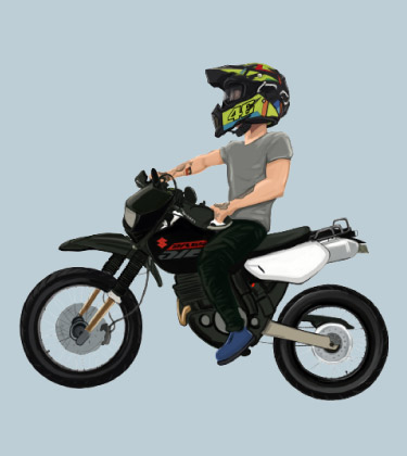 Portrait caricaturé d'un motard sur sa moto préférée