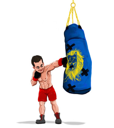 Caricature d'un gars frappant un sac de boxe