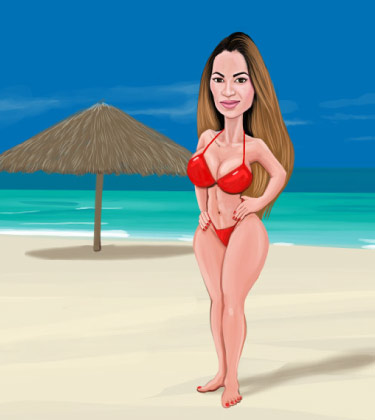 Dessin drôle d'une dame posant sur la plage