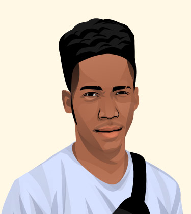 Portrait de bande dessinée d'un homme aux cheveux noirs dans la vingtaine portant un t-shirt blanc