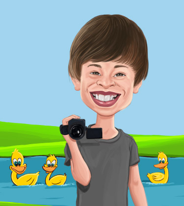 Caricature d'un garçon posant avec son appareil photo et le lac avec des canards en arrière-plan