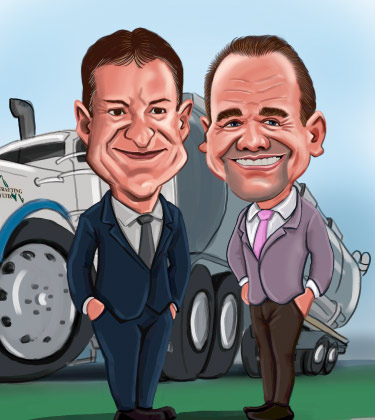 Deux hommes d'affaires devant la caricature de camion