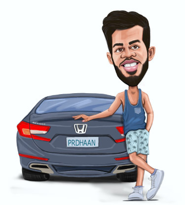 Caricature complète du corps d'un gars debout à côté de sa Honda Accord