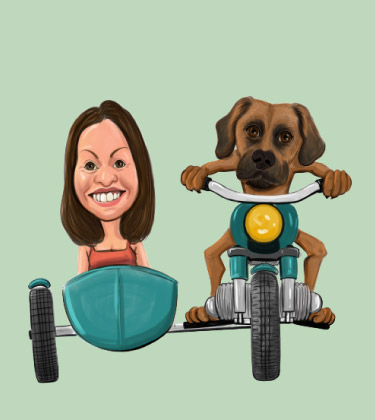 Belle dame debout dans une cabine avec son chien sur un portrait de moto