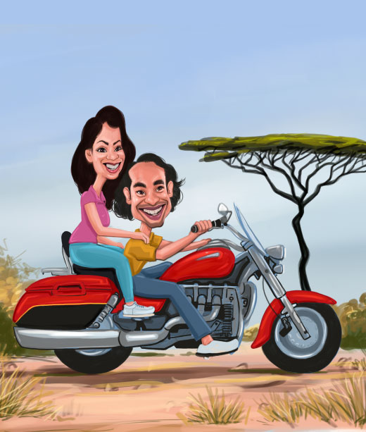 Caricature d'un jeune couple profitant de sa moto