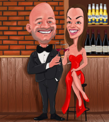 Caricature personnalisée d'un jeune couple chic dans le bar
