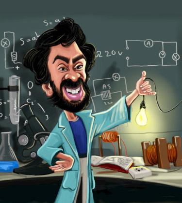 Illustration personnalisée d'un scientifique fou exécutant une expérience