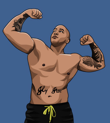 Croquis caricaturé d'un bodybuilder masculin tatoué noir posant avec ses muscles vers le haut