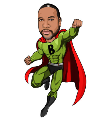Portrait de dessin animé d'un homme chauve noir en uniforme de super-héros vert se faisant passer pour un super-héros