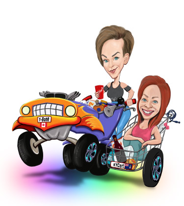 Caricature amusante de deux membres de la famille profitant d'une moto super rapide