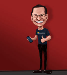 Homme d'affaires tenant un téléphone portant une caricature de t-shirt de marque