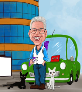 Homme plus âgé et deux chats devant la caricature de la tour