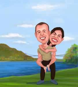 Couple hugging à côté de la caricature de la rivière