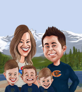 Groupe familial sur la neige à côté de la caricature de l'arbre