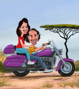Couple chevauchant leur caricature de moto