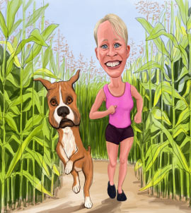 Femme en courant avec une caricature de chien