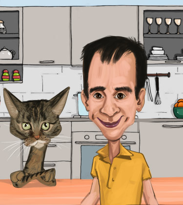 Caricature d'un homme avec un chat dans sa cuisine