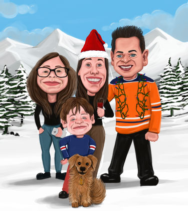 Caricature de famille entière personnalisée tout en posant dehors dans la neige à côté d'un arbre de Noël
