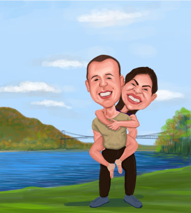 Caricature drôle d'un couple au bord du lac