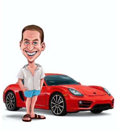 Caricature drôle d'un homme debout devant sa Porsche