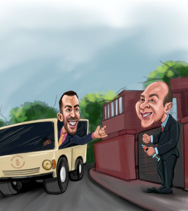 Deux hommes s'amusant avec la voiture dans la caricature d'arrière-cour