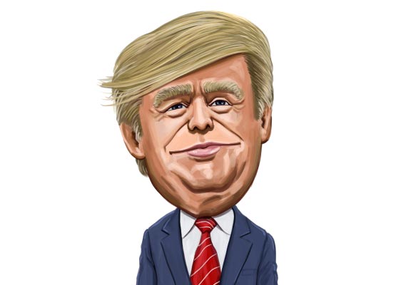 Dessin de portrait caricatural de Donald Trump avec une grosse tête posant dans le costume