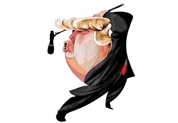 Donald Trump en rock star chantant au micro - Caricature