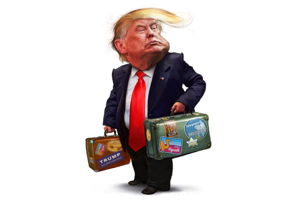 Dessin amusant de Trump tenant des valises et se préparant à voyager