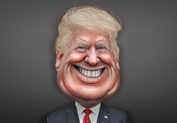 Trump avec un grand sourire en costume noir - Caricature