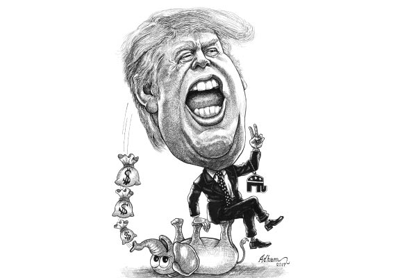 Dessin de Trump assis sur un éléphant jonglant avec de l'argent