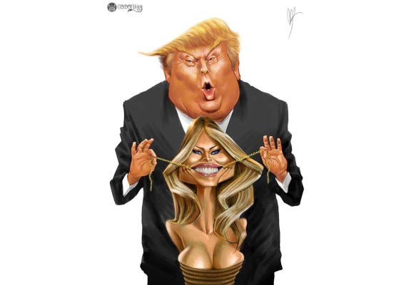 Caricature de l'ancien président Trump et de sa femme Melania la traitant comme une poupée