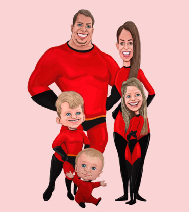 Famille caricaturée de 4 personnes en uniforme de super-héros rouge