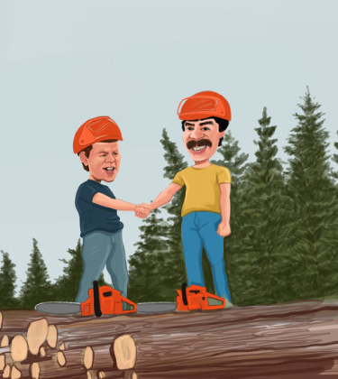 Caricature de deux ouvriers du bois se serrant la main sur des lodges