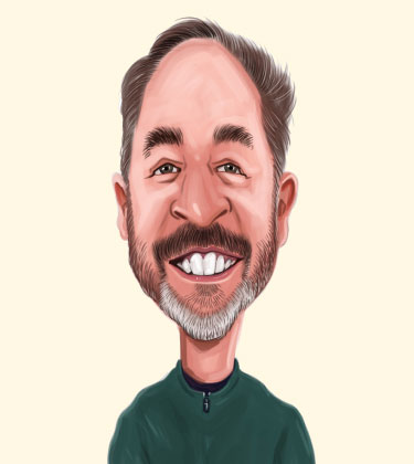 Caricature drôle d'un homme souriant de 50 ans avec une barbe