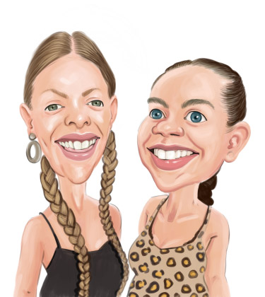 Caricature de deux soeurs souriantes