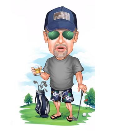 Caricature d'un golfeur avec du whisky à la main