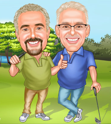 Caricature de deux meilleurs amis en jouant au golf sur le terrain