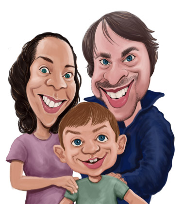 Caricature drôle de croquis d'une famille de trois personnes dans un câlin