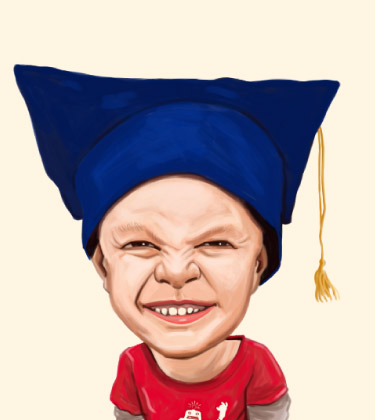 Dessin amusant d'un jeune enfant avec chapeau de graduation et grand sourire