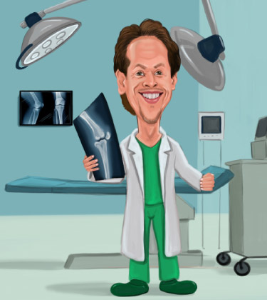 Dentiste posant à l'intérieur de son bureau avec l'uniforme complet et la caricature de l'équipement