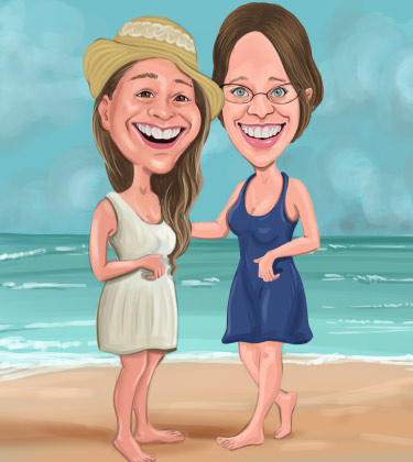 Caricature de deux amies s'amusant à la plage