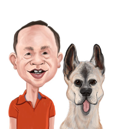 Caricature mignonne d'un homme plus âgé avec son chien