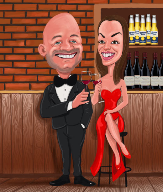 Caricature d'un homme en costume et d'une femme en robe buvant du vin à la fête