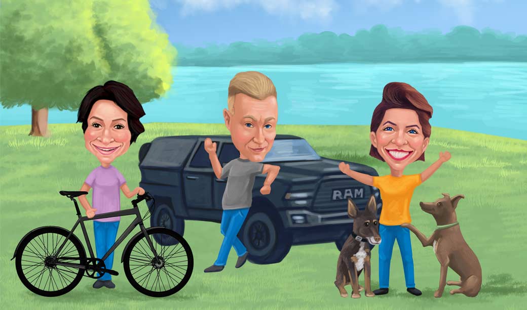Portrait d'un homme et de deux femmes s'amusant dans la nature avec deux chiens, des vélos et une camionnette à côté de la rivière