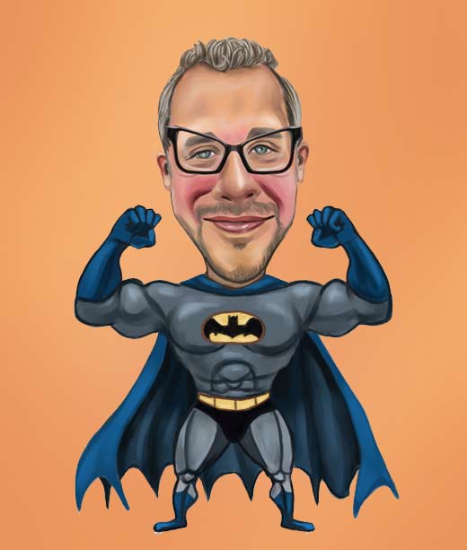 Guy dans la quarantaine dessiné comme un super-héros avec une caricature de costume de Batman