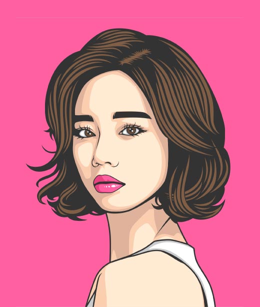 Portrait de dessin animé de jeune fille aux cheveux bruns avec du rouge à lèvres rose