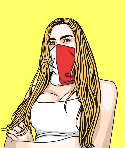 Portrait de dessin animé de fille blonde en T-shirt portant un masque